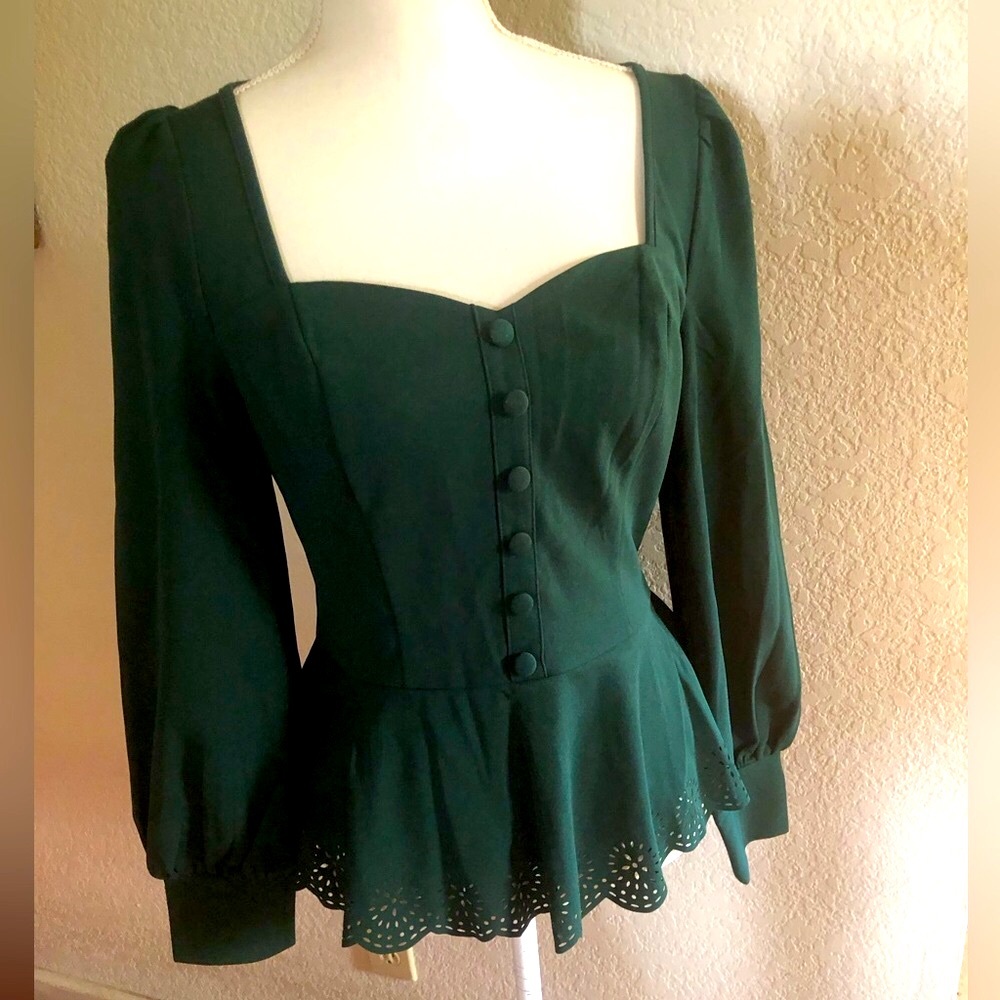 Belle Poque Vintage Retro Style Lantern Sleeves Green Top